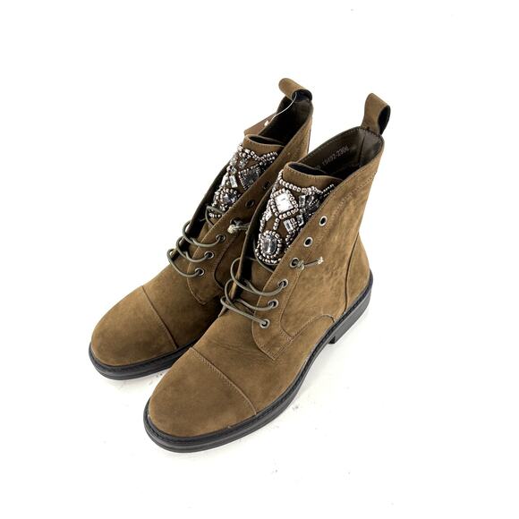 Patrizia Blazin Combat Boots 9 NWT Olive Green Jewel Lace Up Ankle Booties Suede - Picture 8 of 9